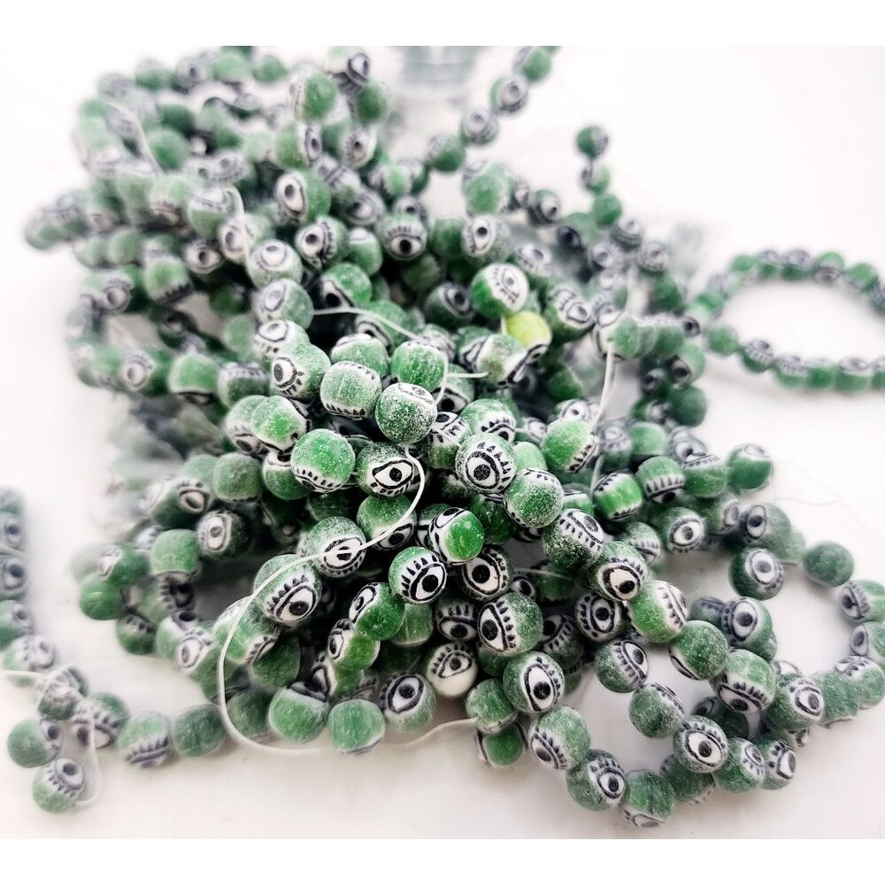 Vintage 8mm Glass Eye Moss Green Beads (A4323)